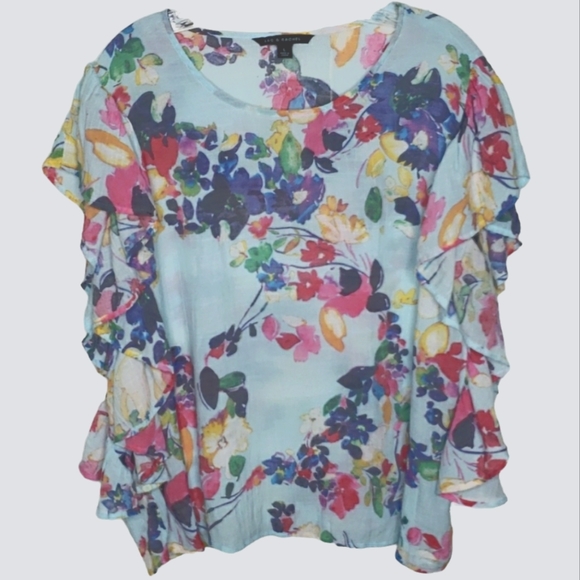 Zac & Rachel Tops - Zac & Rachel Side Ruffle Floral Top Blue Purple Pink Yellow Print Size L